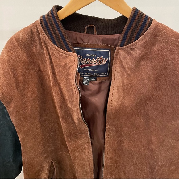Vintage Suede Leather Varsity Baseball Bomber Jacket in Navy/Caramel Brown - Picture 3 of 6